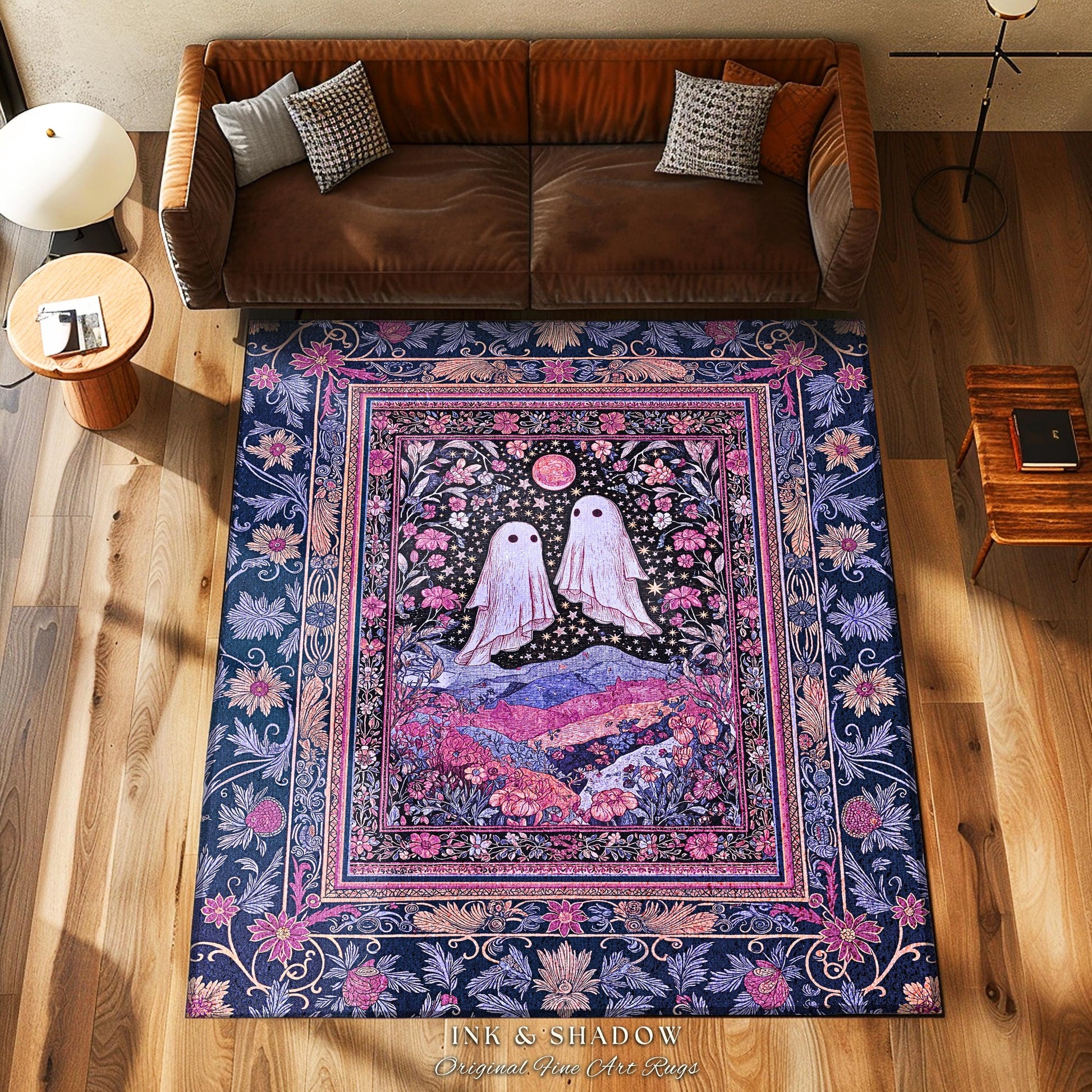 Pink & Purple Wildflower Ghost Lovers Rug | Pastel Cottagecore Romantic Bedroom Accent Fairytale Whimsigoth Style Enchanted Botanical Gothic