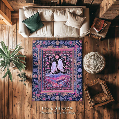 Pink & Purple Wildflower Ghost Lovers Rug | Pastel Cottagecore Romantic Bedroom Accent Fairytale Whimsigoth Style Enchanted Botanical Gothic