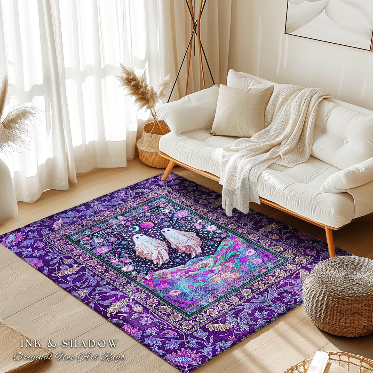Cosmic Purple Ghost Landscape Rug | Ethereal Landscape Whimsical Accent Rug Cottagecore Halloween Bedroom Fairycore Aesthetic Floral Decor |