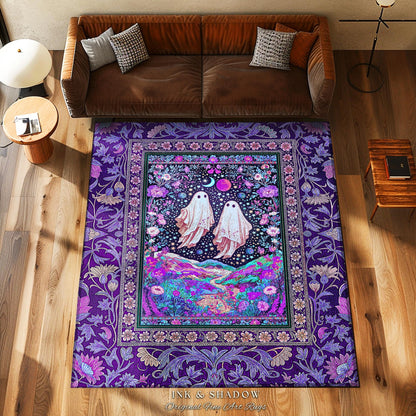 Cosmic Purple Ghost Landscape Rug | Ethereal Landscape Whimsical Accent Rug Cottagecore Halloween Bedroom Fairycore Aesthetic Floral Decor |