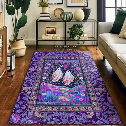 Cosmic Purple Ghost Landscape Rug | Ethereal Landscape Whimsical Accent Rug Cottagecore Halloween Bedroom Fairycore Aesthetic Floral Decor |