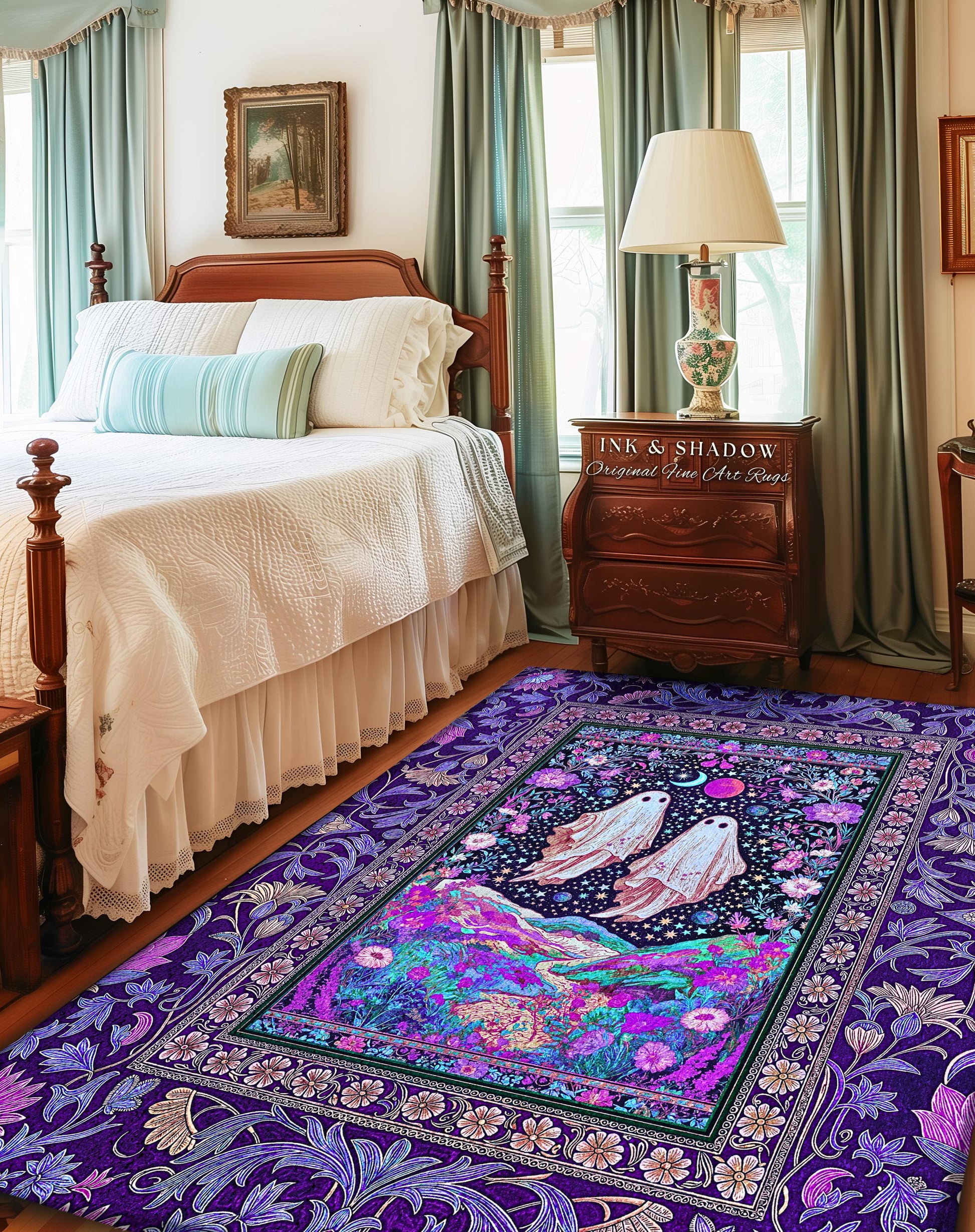 Cosmic Purple Ghost Landscape Rug | Ethereal Landscape Whimsical Accent Rug Cottagecore Halloween Bedroom Fairycore Aesthetic Floral Decor |