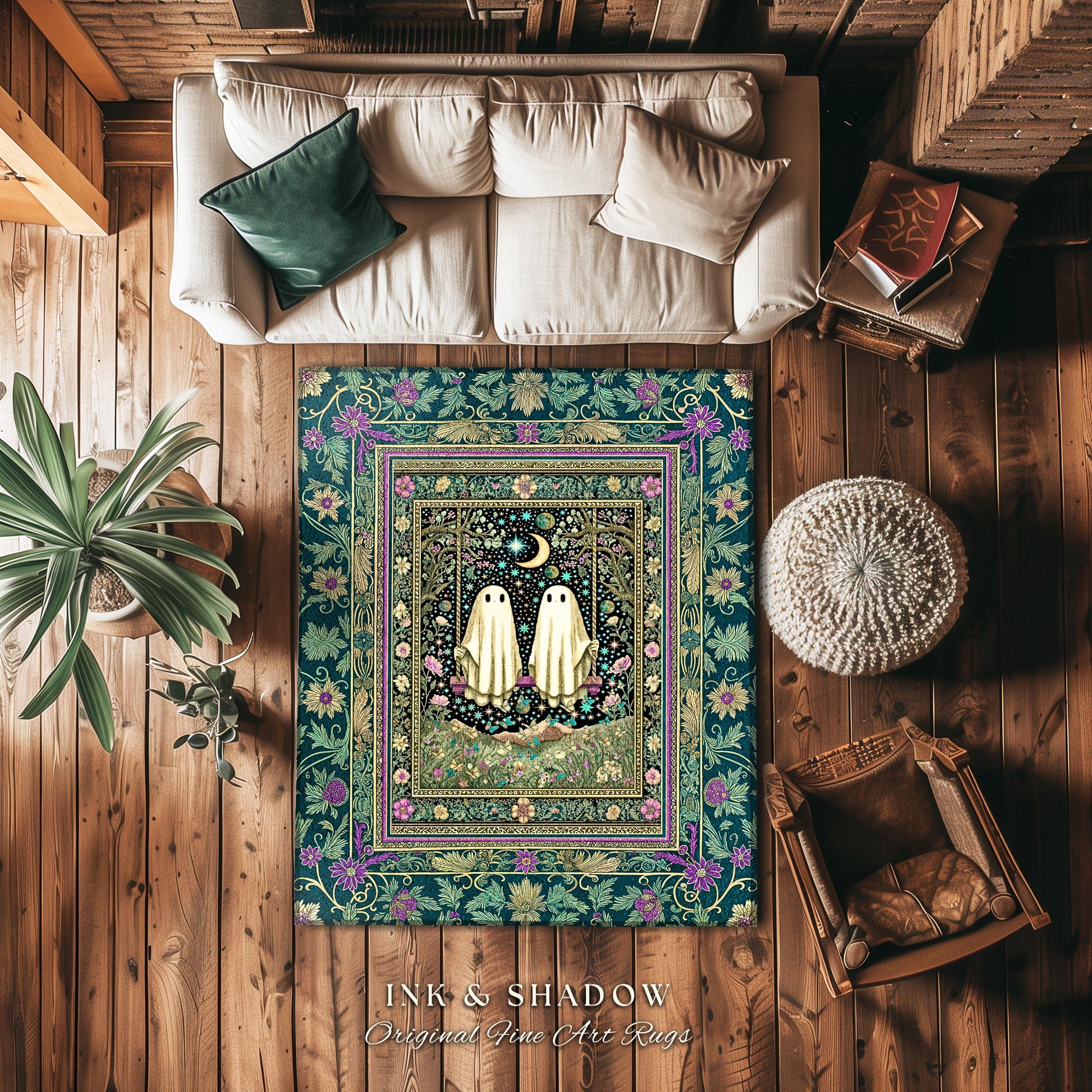 Cute Ghost Friends Area Rug | Moonlit Spirits Floral Forestcore Accent Autumn Gothic Spirit Decor Celestial Botanical Witchcore Aesthetic |