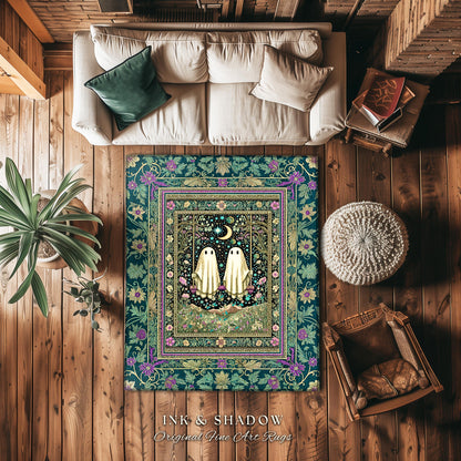 Cute Ghost Friends Area Rug | Moonlit Spirits Floral Forestcore Accent Autumn Gothic Spirit Decor Celestial Botanical Witchcore Aesthetic |