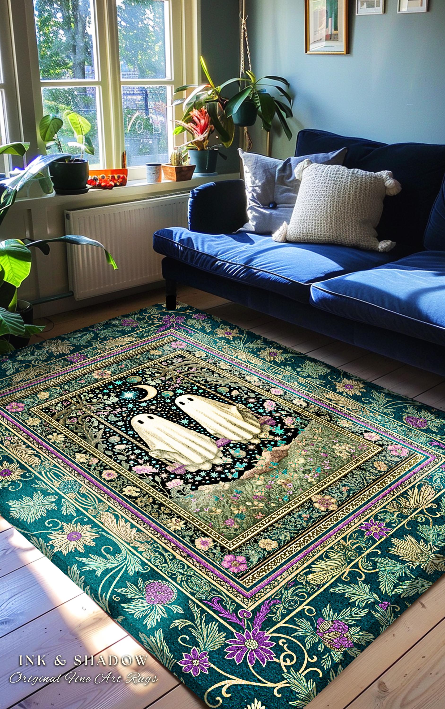 Cute Ghost Friends Area Rug | Moonlit Spirits Floral Forestcore Accent Autumn Gothic Spirit Decor Celestial Botanical Witchcore Aesthetic |