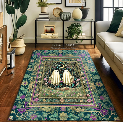 Cute Ghost Friends Area Rug | Moonlit Spirits Floral Forestcore Accent Autumn Gothic Spirit Decor Celestial Botanical Witchcore Aesthetic |