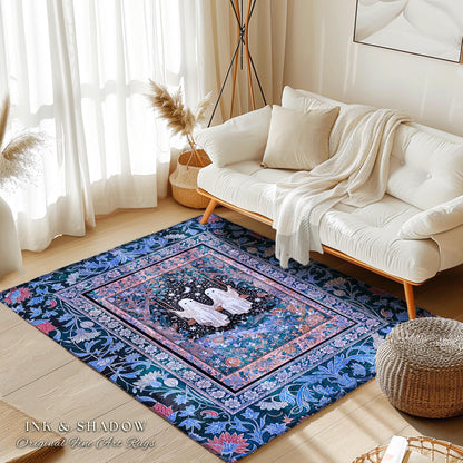 Midnight Magic Ghosts Area Rug | Enchanted Forest Bedroom Moody Accent Pastel Folklore-Inspired Whimsigoth Halloween Style Romantic Decor |