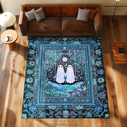 Teal Moonight Witchy Ghost Area Rug | Mystical Forest Bedroom Accent Halloween Decor Folklore-Inspired Floral Gothic Whimsigothic Style Rug