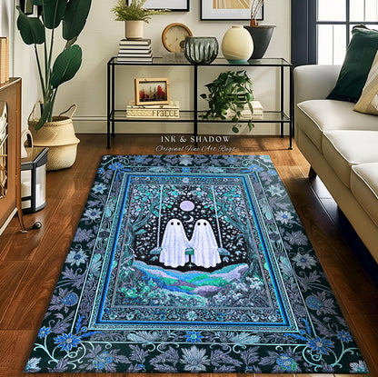 Teal Moonight Witchy Ghost Area Rug | Mystical Forest Bedroom Accent Halloween Decor Folklore-Inspired Floral Gothic Whimsigothic Style Rug