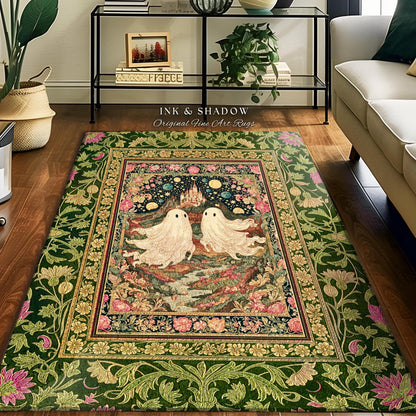 Cosmic Valley Ghost Couple Area Rug | Cute Halloween Aesthetic Forestcore Accent Cozy Fall Decor Folklore-Inspired Witchy Whimsigoth Style |