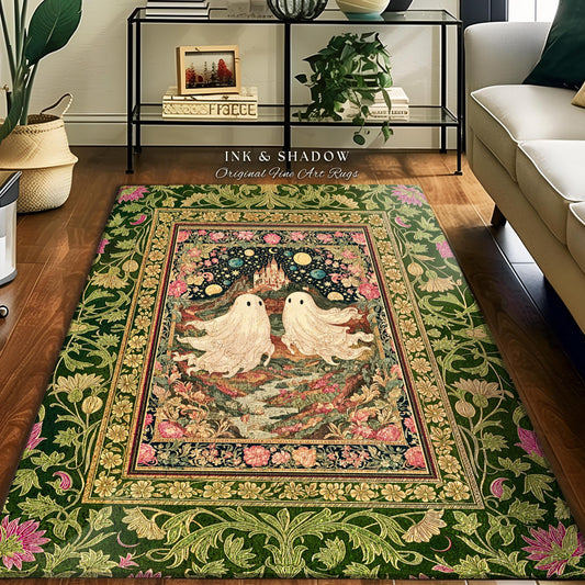 Cosmic Valley Ghost Couple Area Rug | Cute Halloween Aesthetic Forestcore Accent Cozy Fall Decor Folklore-Inspired Witchy Whimsigoth Style |