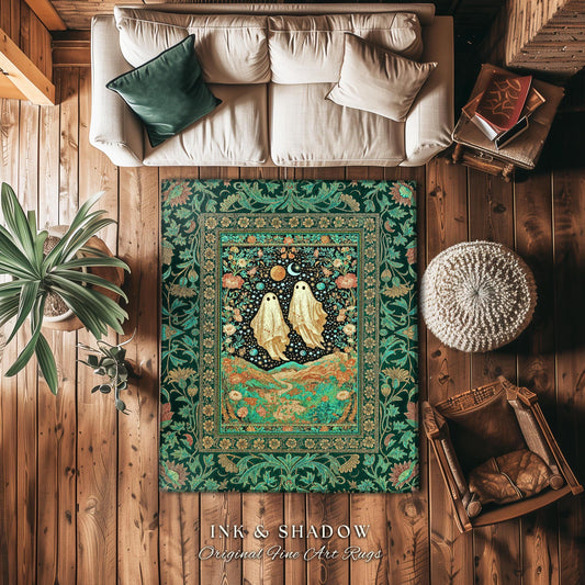 Cozy Moonlit Ghost Couple Area Rug | Whimsical Fall Rug Celestial Ghost Lovers Halloween Aesthetic Dark Cottagecore Magical Ethereal Decor |