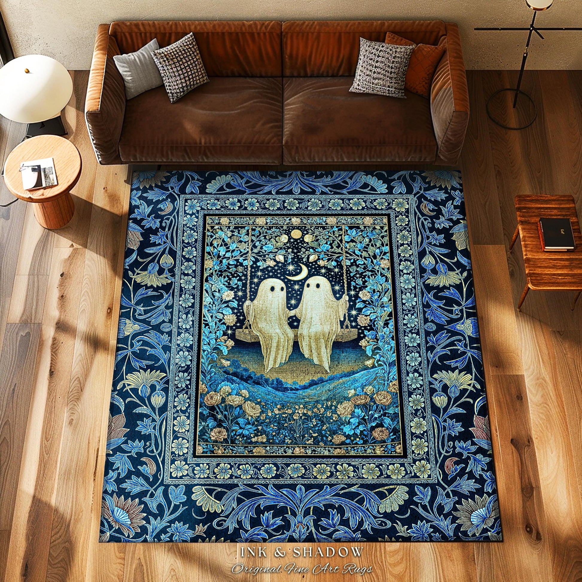 Whimsigothic Ghost Lovers Area Rug | Enchanted Autumn Blues Bedroom Accent Halloween Floral Witchy Style Folklore-Inspired Dark Gothic Rug