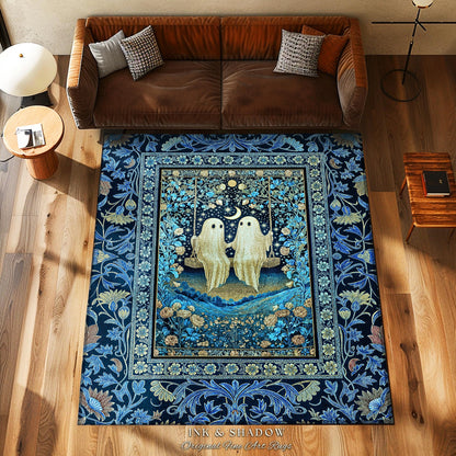 Whimsigothic Ghost Lovers Area Rug | Enchanted Autumn Blues Bedroom Accent Halloween Floral Witchy Style Folklore-Inspired Dark Gothic Rug