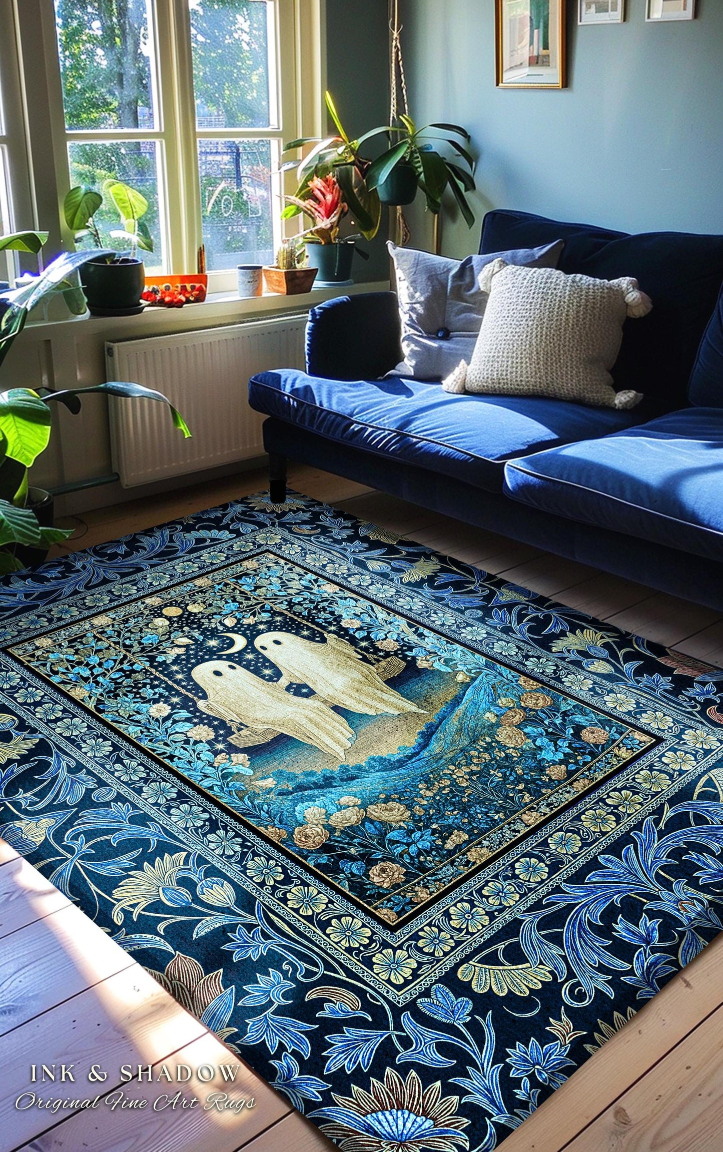 Whimsigothic Ghost Lovers Area Rug | Enchanted Autumn Blues Bedroom Accent Halloween Floral Witchy Style Folklore-Inspired Dark Gothic Rug