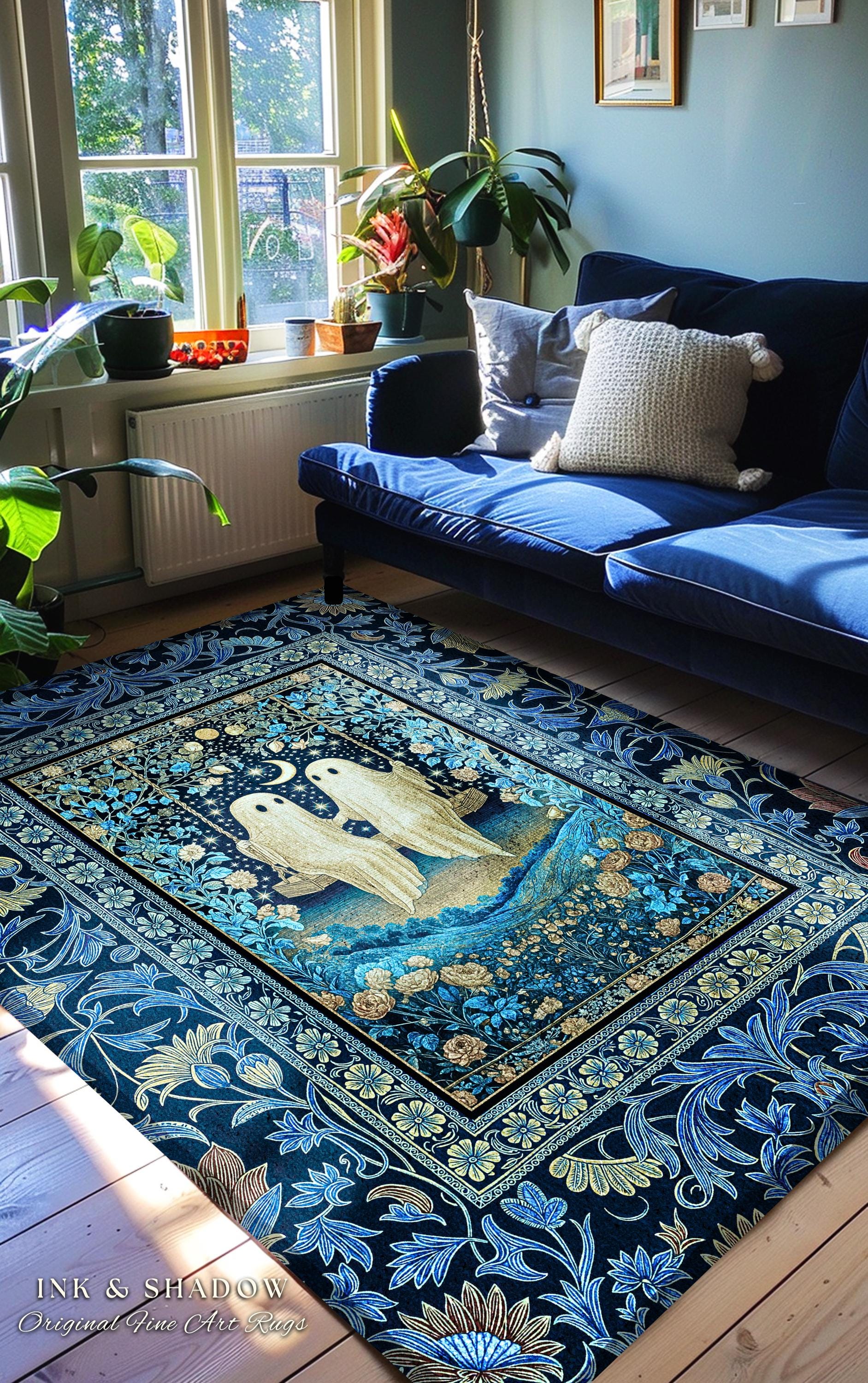 Whimsigothic Ghost Lovers Area Rug | Enchanted Autumn Blues Bedroom Accent Halloween Floral Witchy Style Folklore-Inspired Dark Gothic Rug