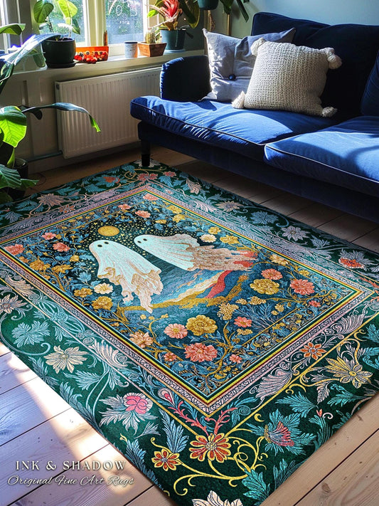 Pastel Florals Whimsical Ghost Rug | Light Academia Bedroom Accent Witchy Decor Whimsigoth Halloween Cute Gothic Cottagecore Aesthetic Room