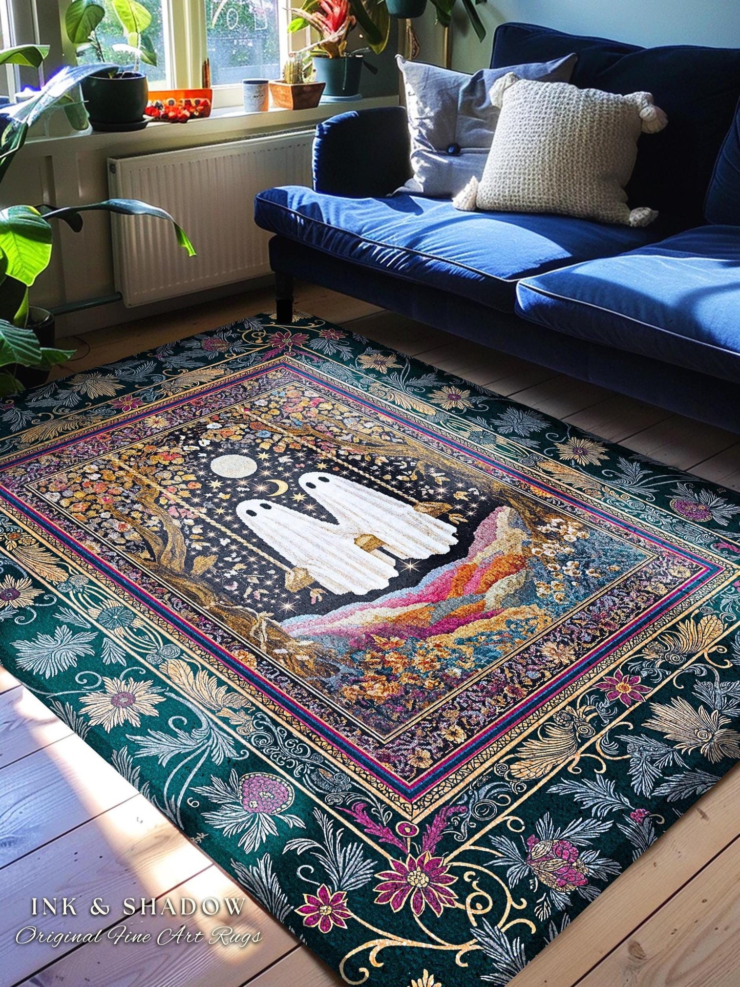 Moody Moonlit Forest Swing Ghost Rug | Celestial Lovers Area Rug Gothic Cottagecore Decor Witchy Accent Witchcore Fairytale Autumn Aesthetic