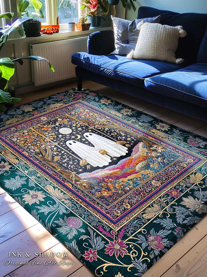 Moody Moonlit Forest Swing Ghost Rug | Celestial Lovers Area Rug Gothic Cottagecore Decor Witchy Accent Witchcore Fairytale Autumn Aesthetic