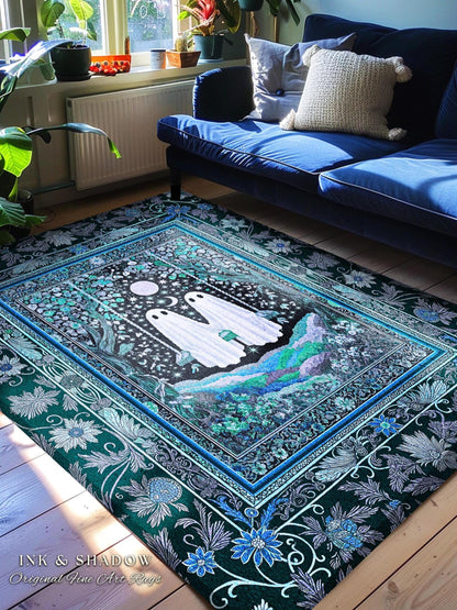 Teal Moonight Witchy Ghost Area Rug | Mystical Forest Bedroom Accent Halloween Decor Folklore-Inspired Floral Gothic Whimsigothic Style Rug