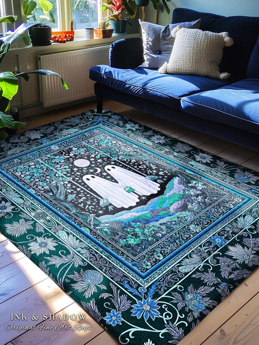 Teal Moonight Witchy Ghost Area Rug | Mystical Forest Bedroom Accent Halloween Decor Folklore-Inspired Floral Gothic Whimsigothic Style Rug