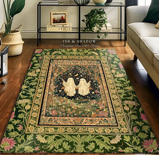 Ghost Lovers on a Swing Rug | Ethereal Moonlit Lovers Area Rug Whimsical Bedroom Accent Mystical Aesthetic Gothic Witchy Fairycore Accent |