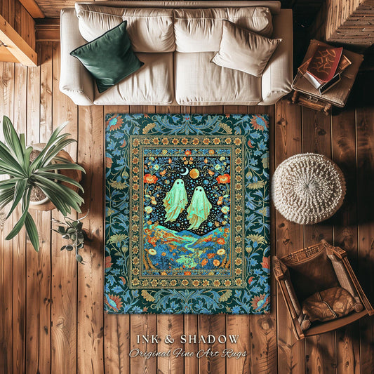 Starry Sky Spirit Couple Area Rug | Ethereal Whimsigothic Home Accent Dark Academia Aesthetic Celestial Gothic Cottagecore Cosmic Vibe Decor