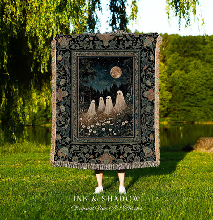 Mystic Full Moon Ghost Family Tapestry | Floral Halloween Woven Blanket Whimsigoth Gothic Mysticism Witchy Maximalist Throw Spooky Decor |