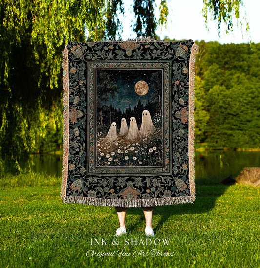 Mystic Full Moon Ghost Family Tapestry | Floral Halloween Woven Blanket Whimsigoth Gothic Mysticism Witchy Maximalist Throw Spooky Decor |