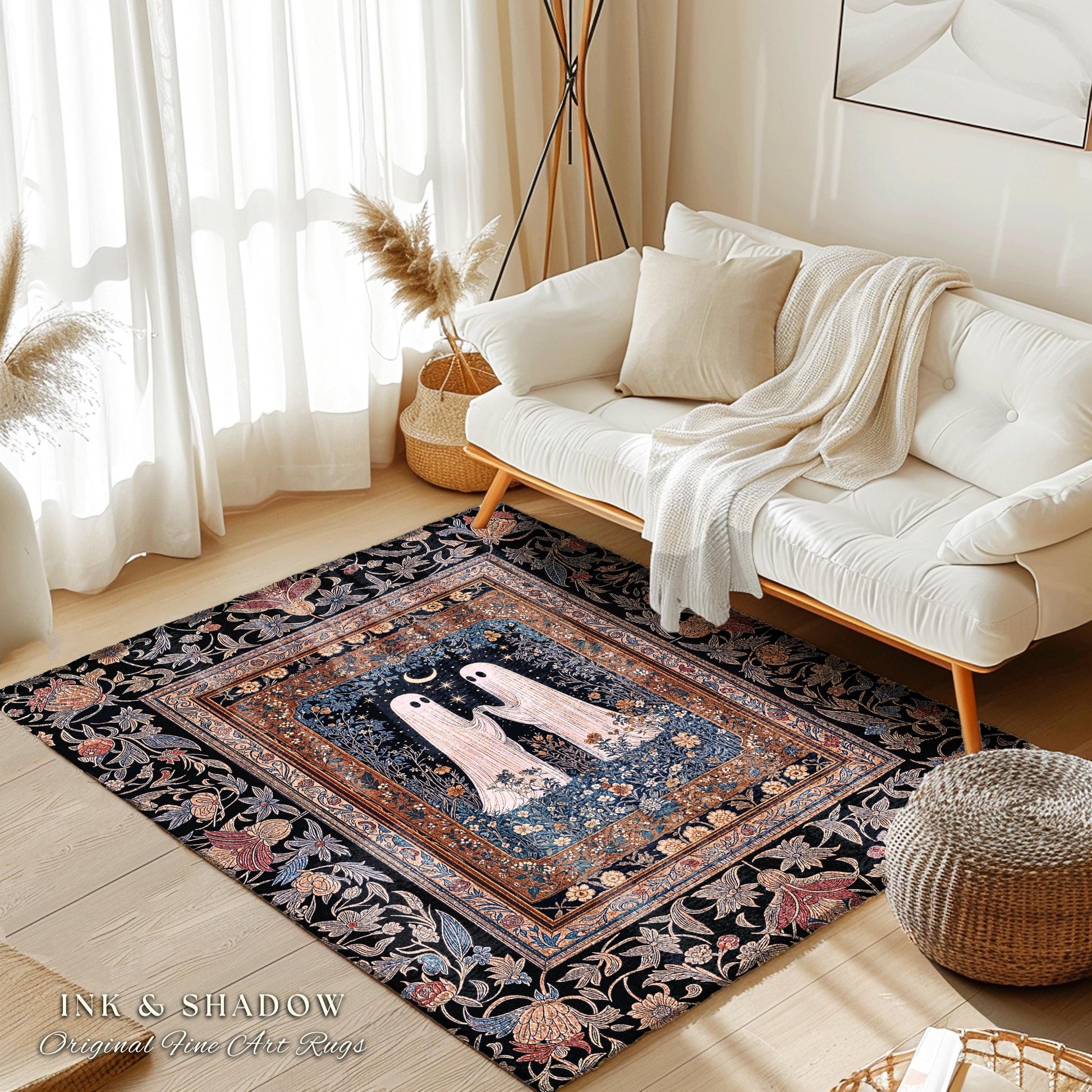 Cute Moonlit Botanical Ghost Area Rug | Whimsical Cottagecore Gothic Bedroom Decor Mystical Fall Accent Witchy Floral Enchanted Aesthetic |