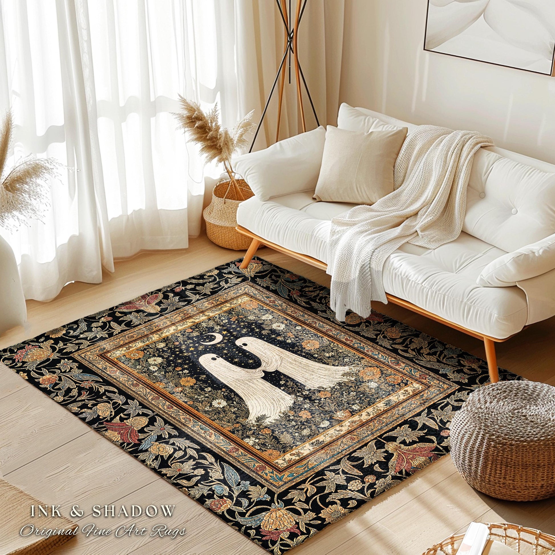 Celestial Starlit Lovers Area Rug | Celestial Cottagecore Halloween Ghost Accent Gothic Bedroom Decor Cozy Dark Floral Whimsigoth Aesthetic