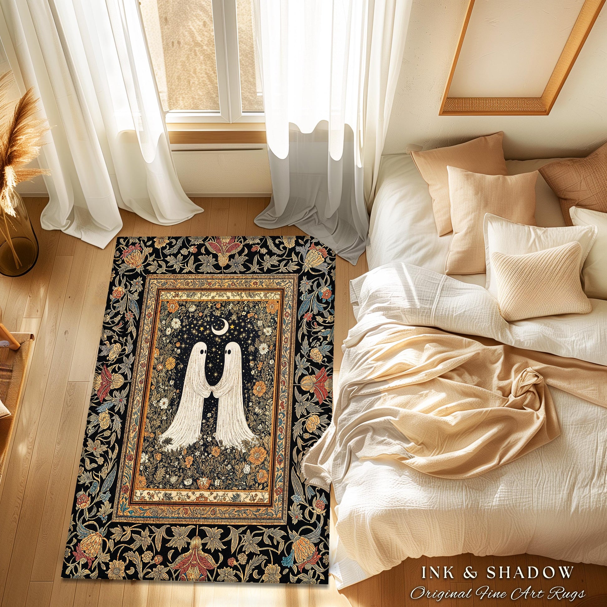 Celestial Starlit Lovers Area Rug | Celestial Cottagecore Halloween Ghost Accent Gothic Bedroom Decor Cozy Dark Floral Whimsigoth Aesthetic