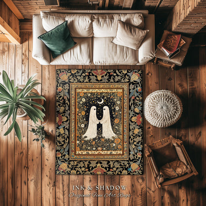 Celestial Starlit Lovers Area Rug | Celestial Cottagecore Halloween Ghost Accent Gothic Bedroom Decor Cozy Dark Floral Whimsigoth Aesthetic