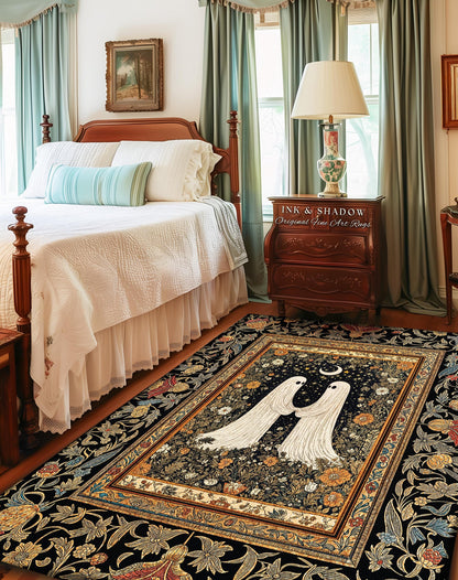 Celestial Starlit Lovers Area Rug | Celestial Cottagecore Halloween Ghost Accent Gothic Bedroom Decor Cozy Dark Floral Whimsigoth Aesthetic