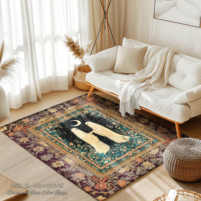 Crescent Moon Garden Ghosts Rug | Whimsical Cottagecore Bedroom Accent Haunted Decor Cozy Floral Whimsigoth Halloween Spirit Dark Academia |