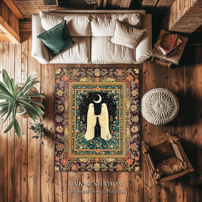 Crescent Moon Garden Ghosts Rug | Whimsical Cottagecore Bedroom Accent Haunted Decor Cozy Floral Whimsigoth Halloween Spirit Dark Academia |