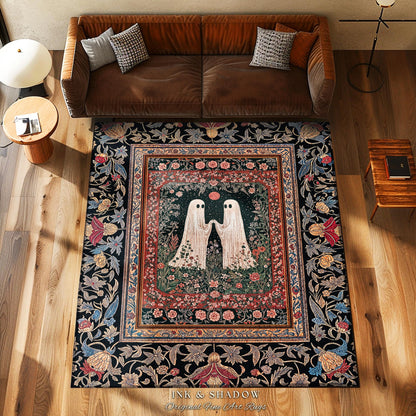 Crimson Moon Witchy Ghost Rug | Gothic Cottagecore Bedroom Decor Spooky Accent Dark Academia Whimsigoth Astrology-Inspired Haunted Aesthetic