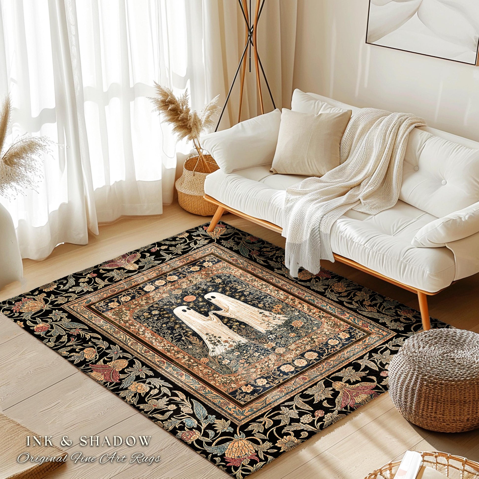 Harvest Moon Floral Ghost Rug | Woodland Halloween Cottagecore Bedroom Decor Whimsigoth Floral Accent Cozy Celestial Spirit Enchanted Gothic