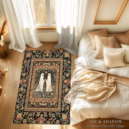 Harvest Moon Floral Ghost Rug | Woodland Halloween Cottagecore Bedroom Decor Whimsigoth Floral Accent Cozy Celestial Spirit Enchanted Gothic