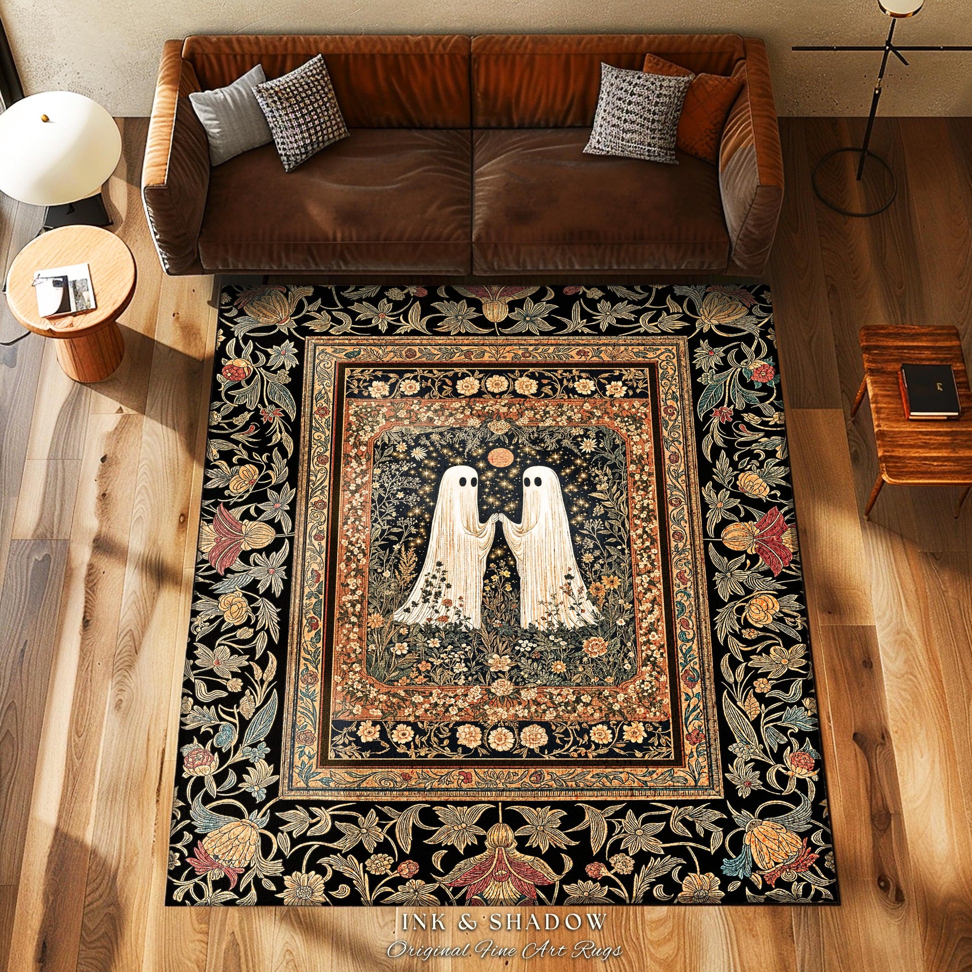 Harvest Moon Floral Ghost Rug | Woodland Halloween Cottagecore Bedroom Decor Whimsigoth Floral Accent Cozy Celestial Spirit Enchanted Gothic