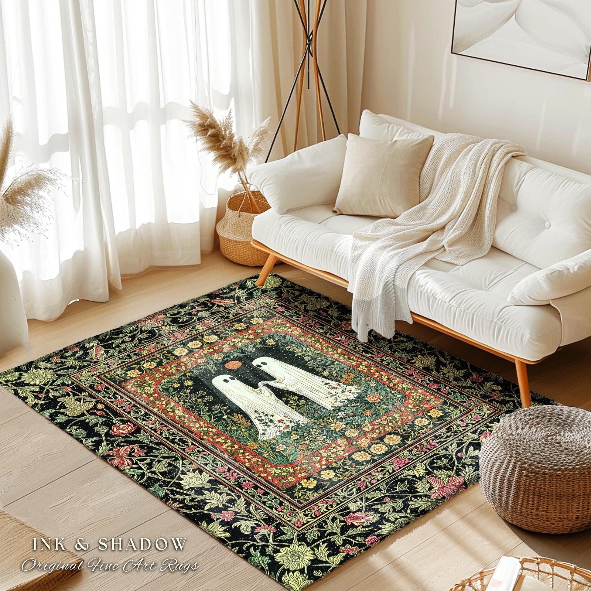 Baroque Haunted Garden Ghost Rug | Elegant Halloween Dark Cottagecore Bedroom Accent Whimsigoth Haunted Cozy Spirit Floral Enchantment Boho