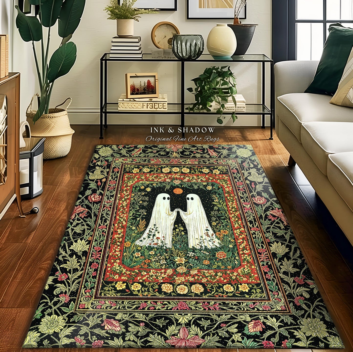 Baroque Haunted Garden Ghost Rug | Elegant Halloween Dark Cottagecore Bedroom Accent Whimsigoth Haunted Cozy Spirit Floral Enchantment Boho