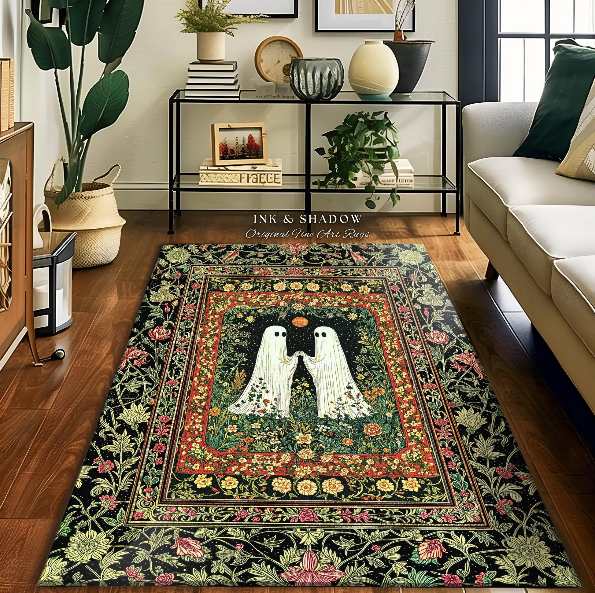 Baroque Haunted Garden Ghost Rug | Elegant Halloween Dark Cottagecore Bedroom Accent Whimsigoth Haunted Cozy Spirit Floral Enchantment Boho