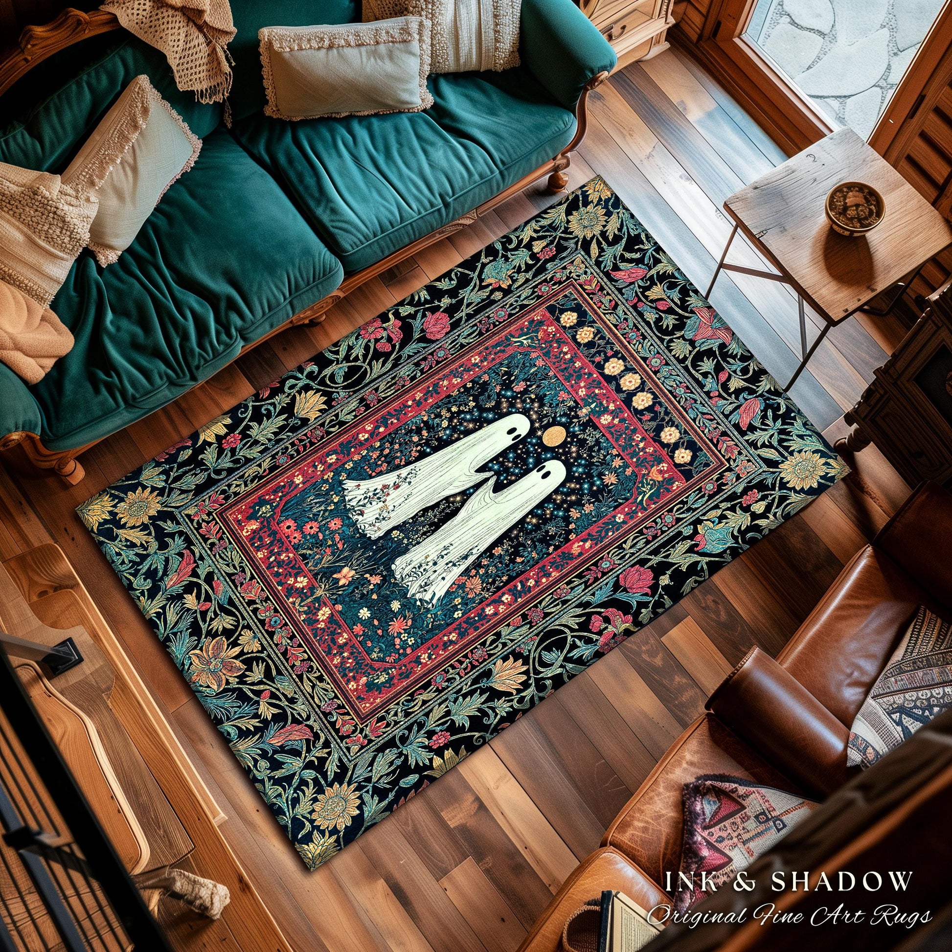Maximalist Gothic Ghost Area Rug | Moody Whimsigoth Bedroom Decor Cozy Halloween Accent Celestial Floral Gothic Haunted Spirit Enchanted Rug