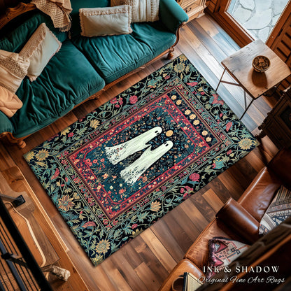 Maximalist Gothic Ghost Area Rug | Moody Whimsigoth Bedroom Decor Cozy Halloween Accent Celestial Floral Gothic Haunted Spirit Enchanted Rug