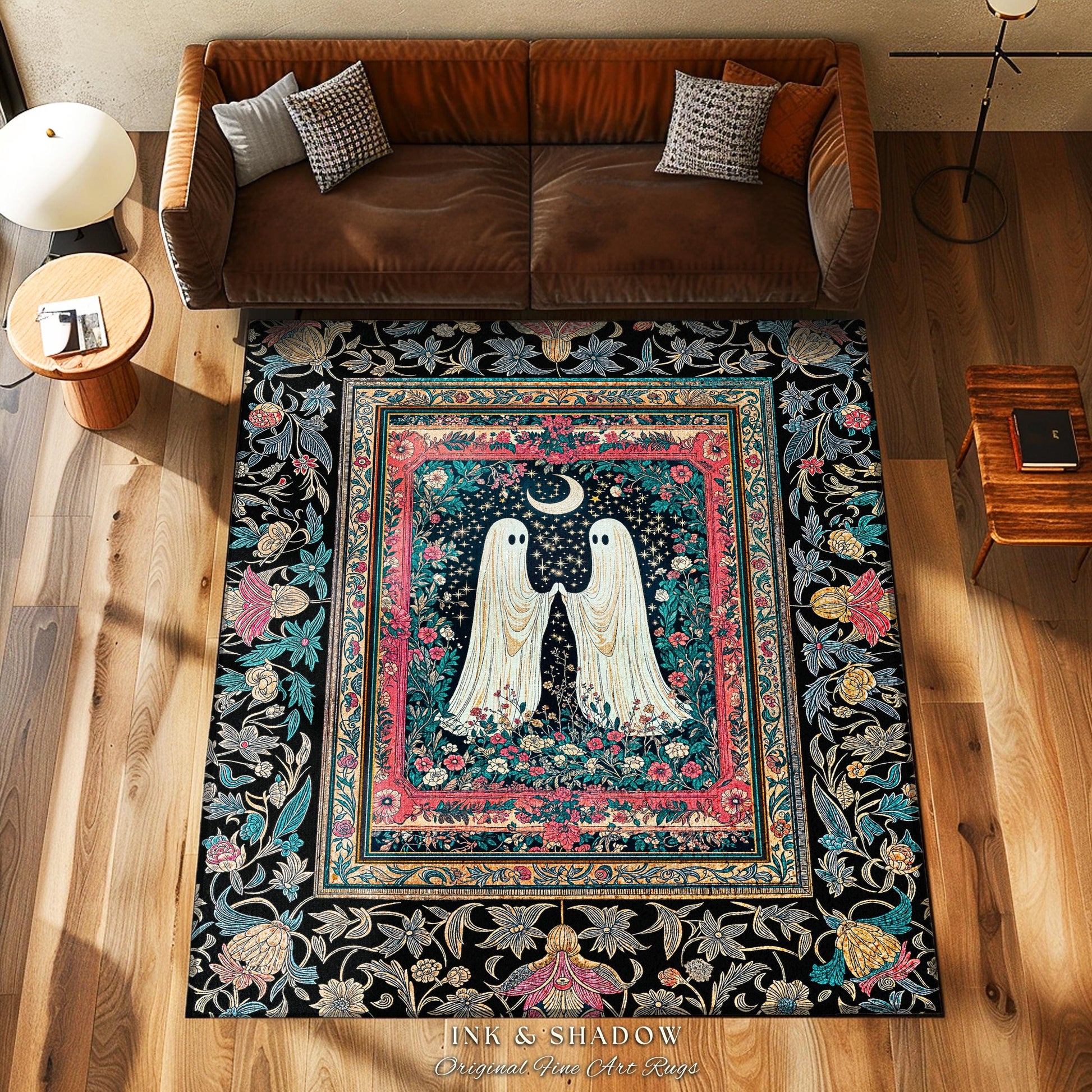 Retro Pastels Floral Ghost Accent Rug | Whimsigoth Halloween Bedroom Decor Dark Cottagecore Celestial Spirit Haunted Enchanted Cozy Gothic |