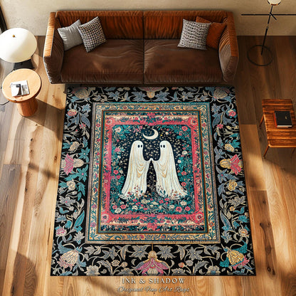 Retro Pastels Floral Ghost Accent Rug | Whimsigoth Halloween Bedroom Decor Dark Cottagecore Celestial Spirit Haunted Enchanted Cozy Gothic |