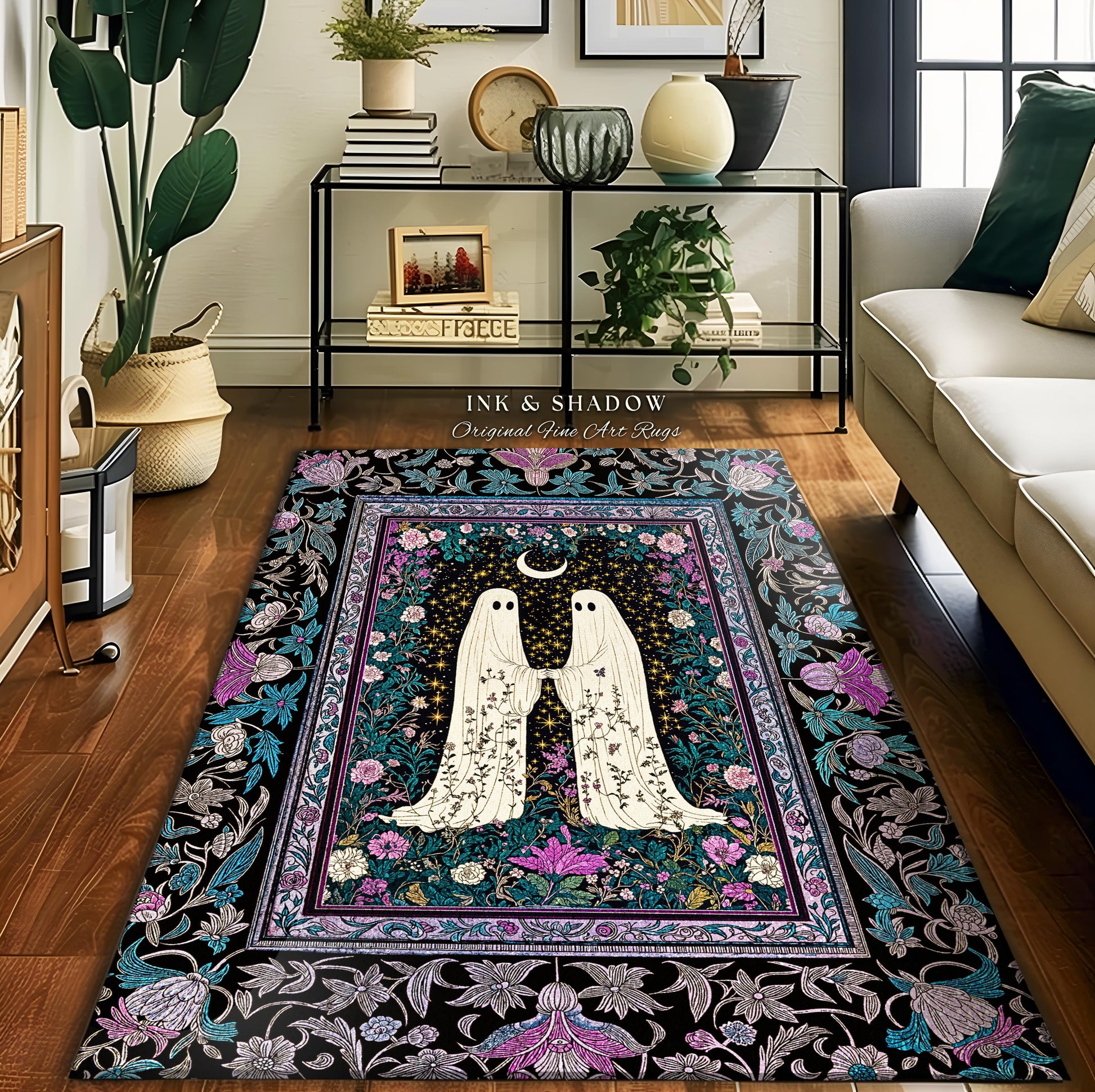 Dark Moody Floral Ghost Area Rug | Whimsigoth Witchy Halloween Bedroom Decor Celestial Cottagecore Spirit Haunted Accent Dark Academia Style