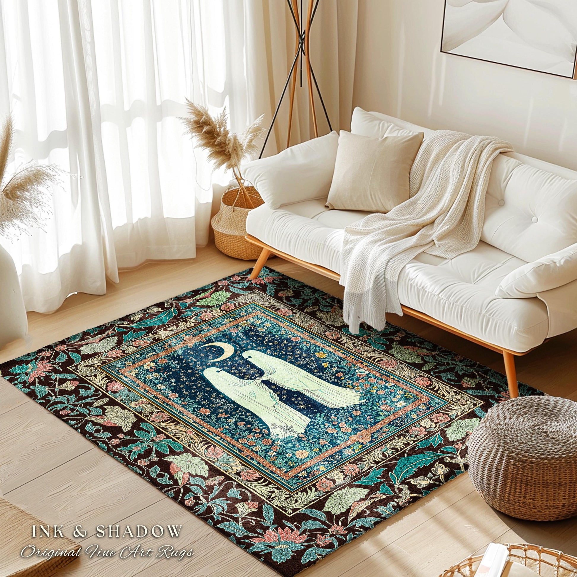 Secret Garden Ghost Lovers Rug | Cozy Cottagecore Bedroom Accent Floral Halloween Decor Celestial Whimsigoth Gothic Enchanted Moody Home |