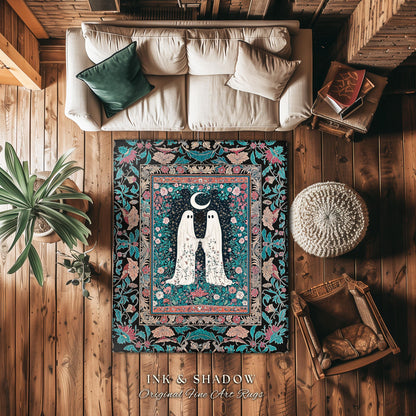 Jewel Toned Botanical Ghost Rug | Dark Cottagecore Halloween Bedroom Decor Celestial Accent Whimsigoth Spirit Gothic Starry Cozy Aesthetic |